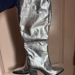 Metallic Silver Knee-High Block Heel Boots